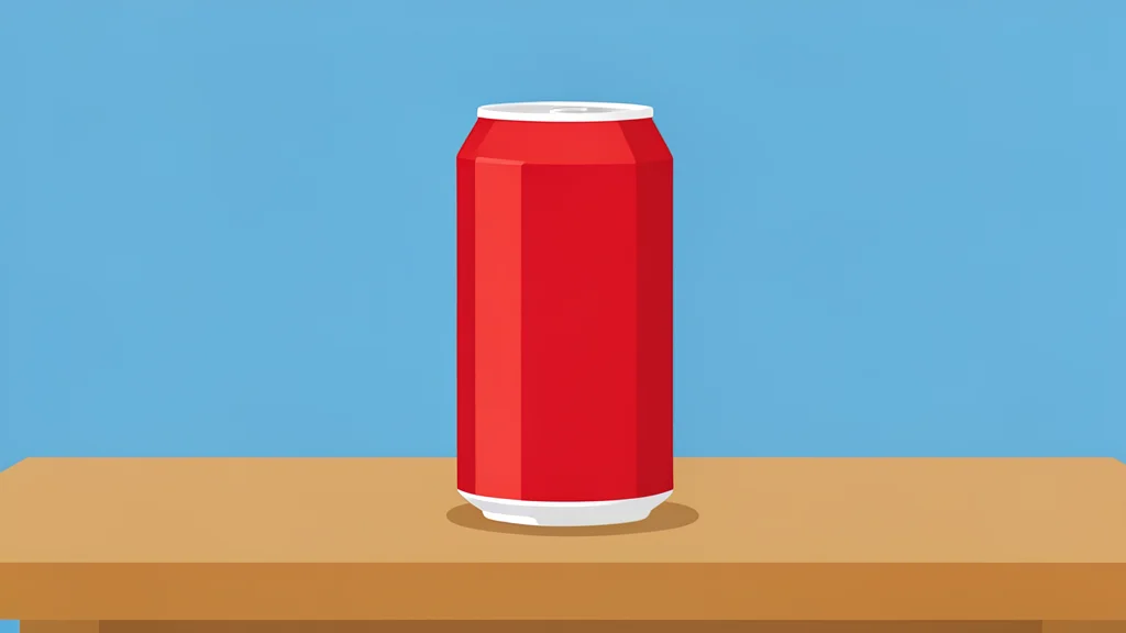 A single red and white soda can standing on a wooden table