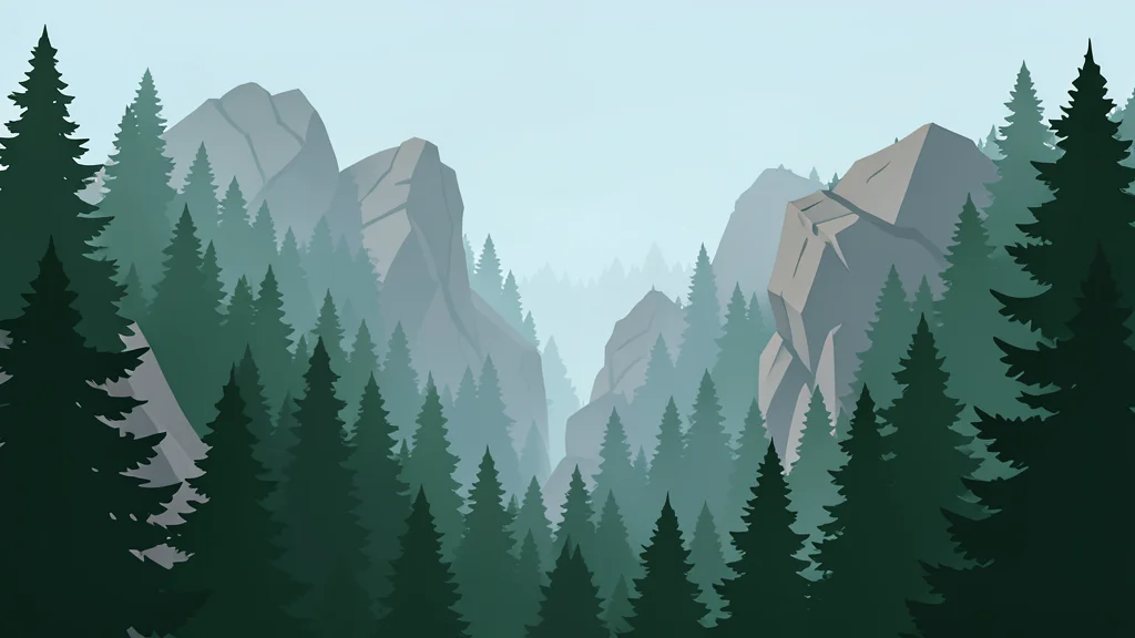 A dense pine forest with mist swirling between rugged rocky outcrops.