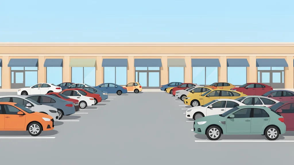 A wide-angle view of an open-air shopping center parking lot with rows of parked cars and storefronts in the background