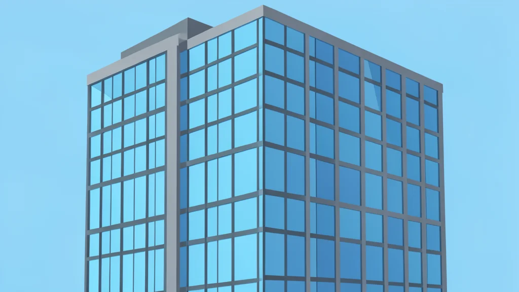 A modern glass office building with a grid of windows reflecting the sky
