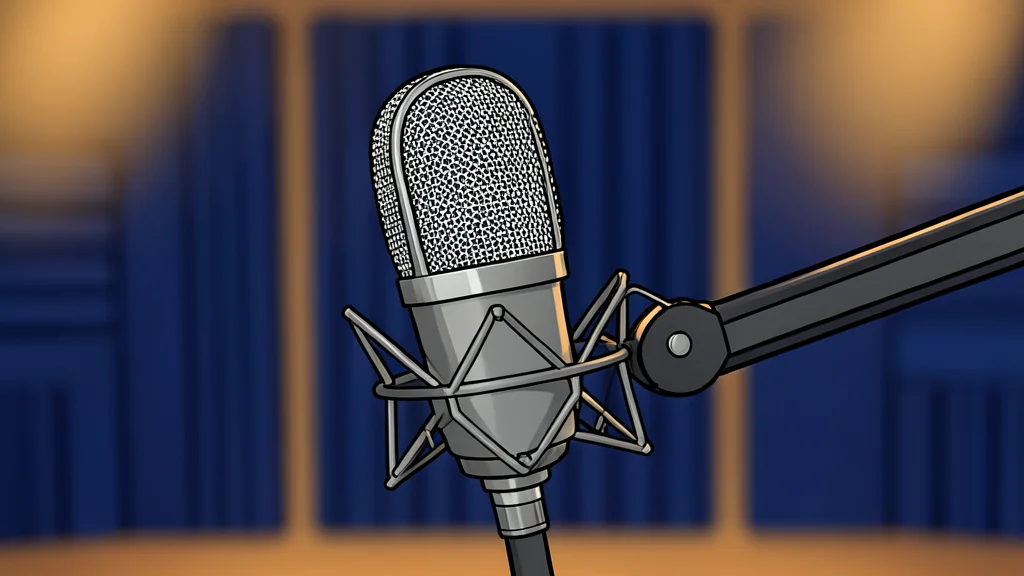 A professional studio microphone on a stand in a dimly lit room, emphasizing the quiet anticipation of a broadcast setup.