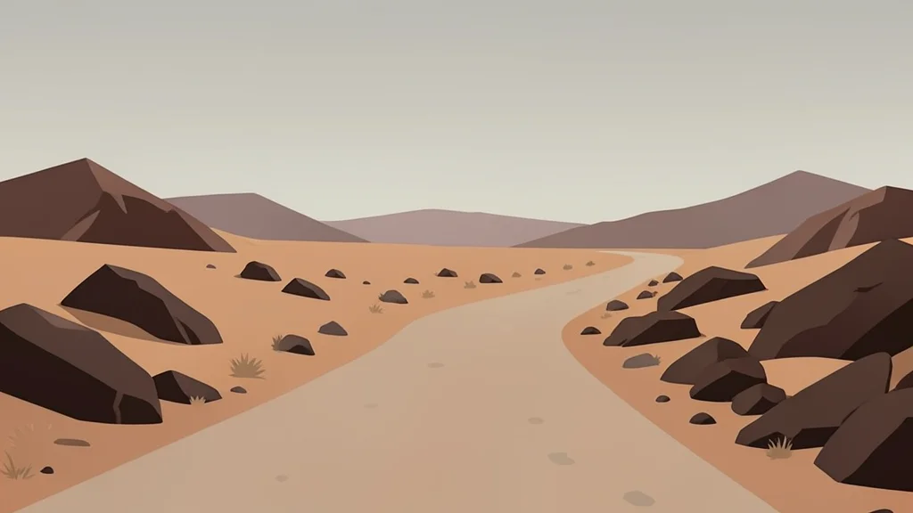 A dusty, unpaved road winding through a dry, rocky landscape under a hazy sky