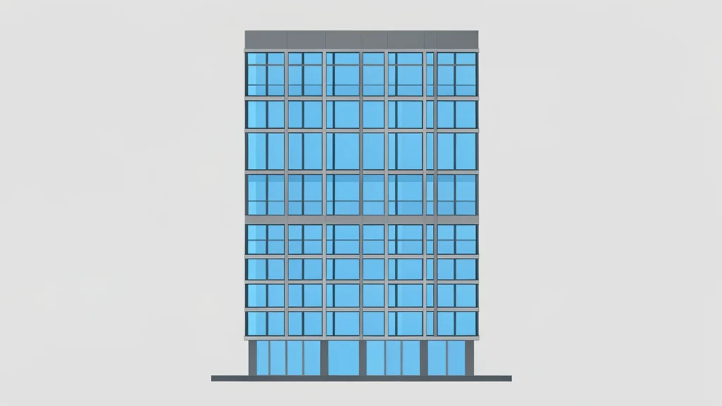 A modern glass office building with a grid-like facade standing against a clear sky