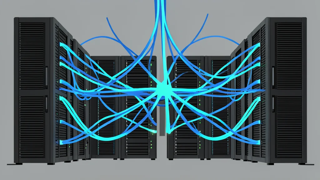 A complex network of interconnected fiber optic cables and server racks in a secure data center