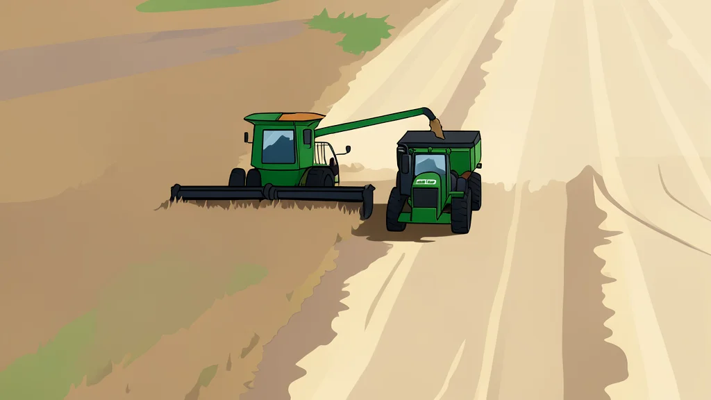 A combine harvester moving through a field of tall, golden grain stalks under a cloudy sky.