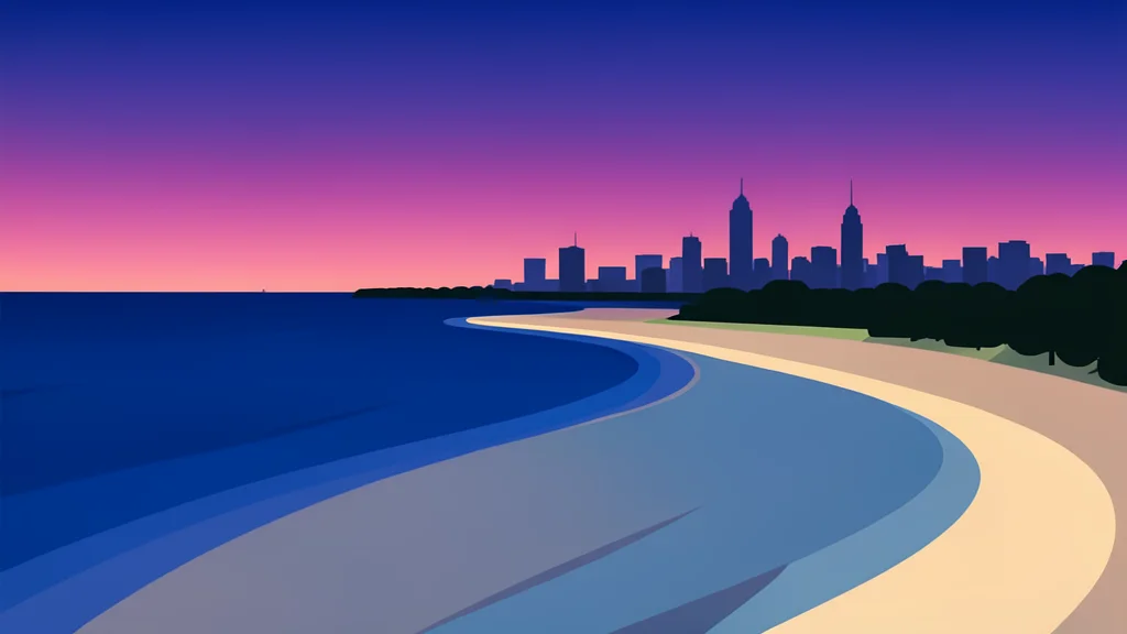 A curved bay with a sandy beach and a distant city skyline under a twilight sky