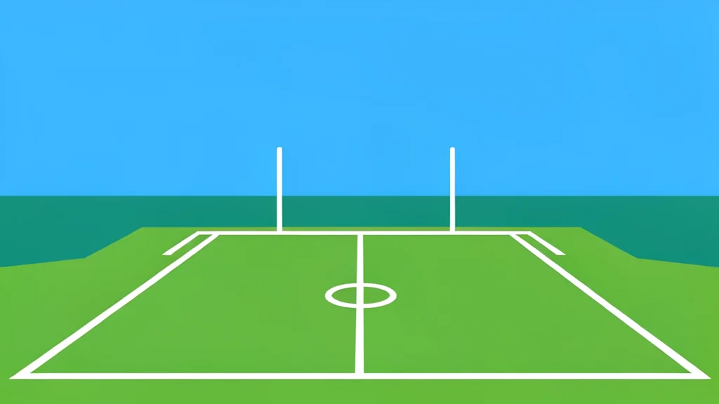 A grassy football field with white yard lines and goalposts under a clear sky