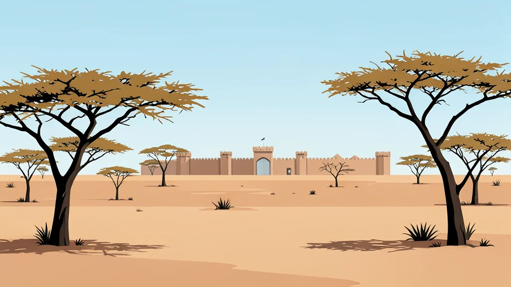 A dry, dusty landscape with sparse acacia trees and a distant view of a fortified border checkpoint structure.