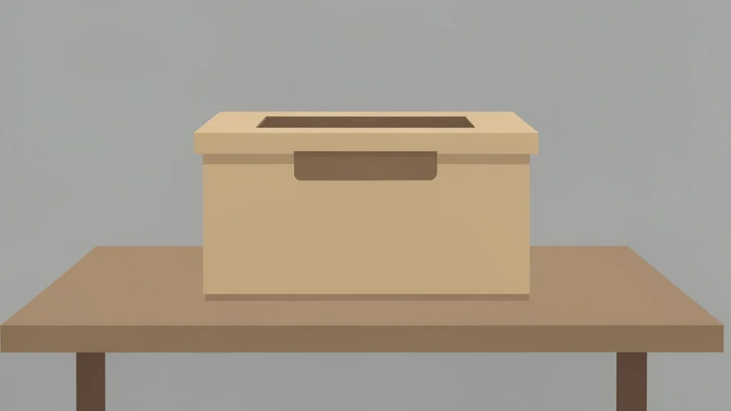 A simple wooden ballot box with a slot on top, placed on a plain table surface.