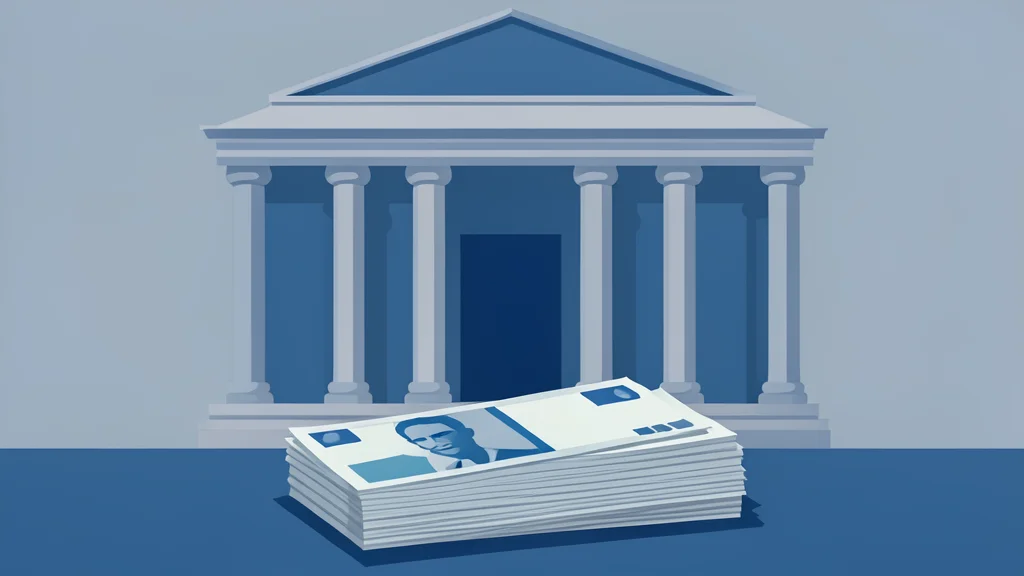 A stack of paper currency bills and a government building facade