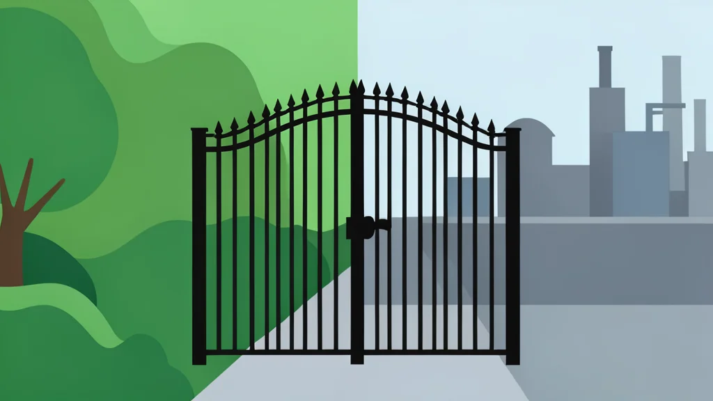A heavy iron gate standing between two distinct landscapes, one side lush and green, the other side industrial and grey