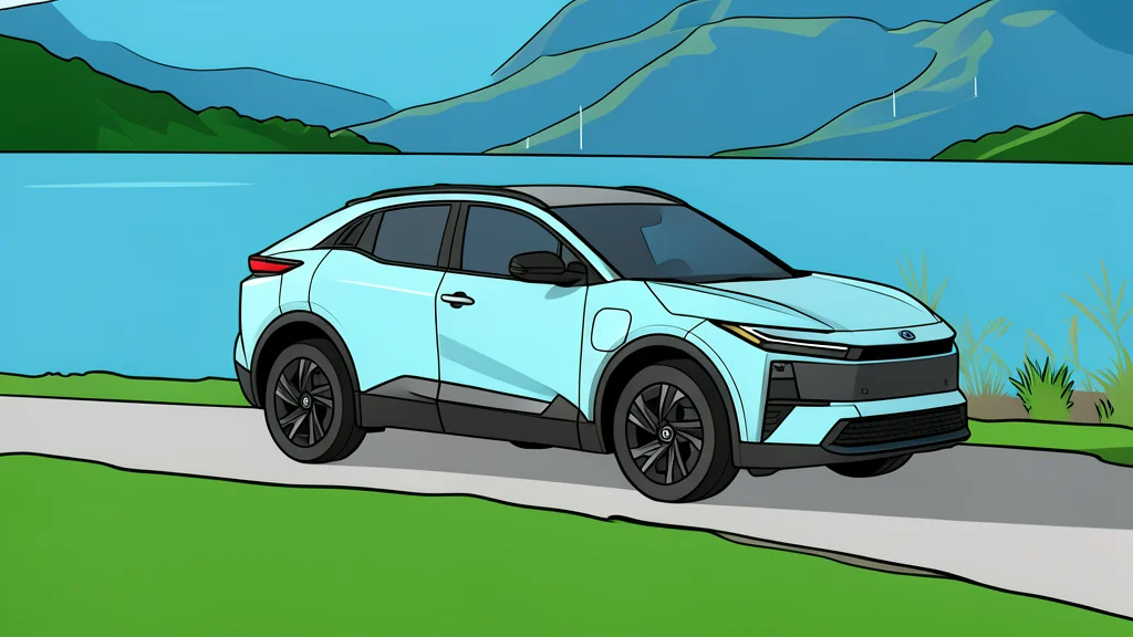 A modern electric crossover vehicle parked on a winding mountain road in cold weather