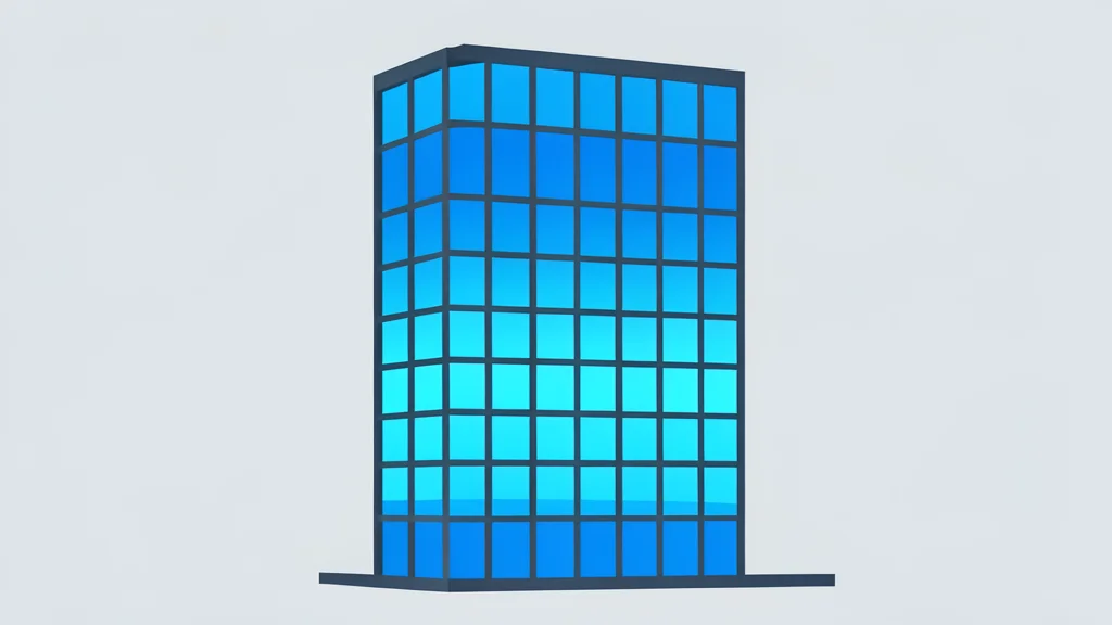 A modern glass office building with a grid of windows reflecting the sky