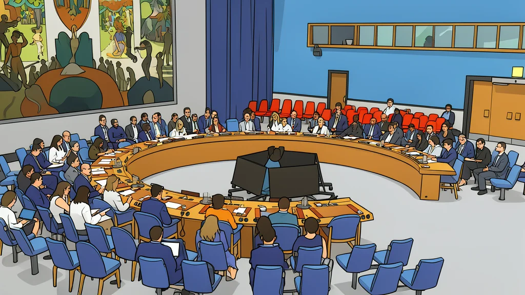 A large, circular wooden table with empty chairs arranged around it in a dimly lit room with tall windows looking out onto a city skyline.