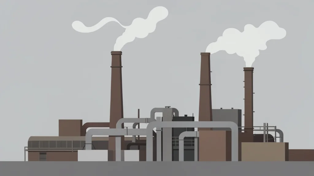 A large industrial refinery complex with tall smokestacks and interconnected pipes against a hazy sky
