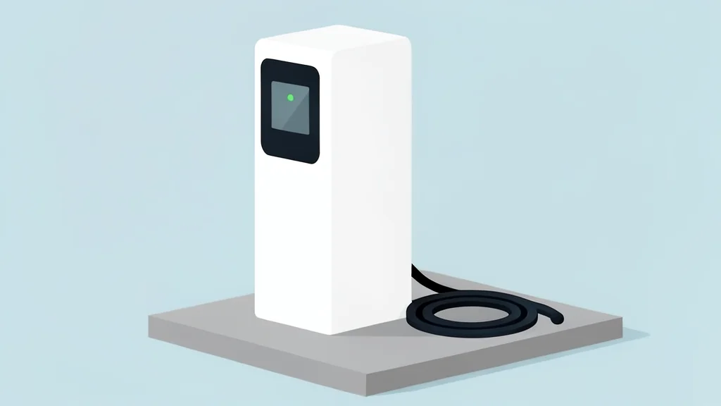 A white electric vehicle charging station with a coiled cable resting on a concrete pad