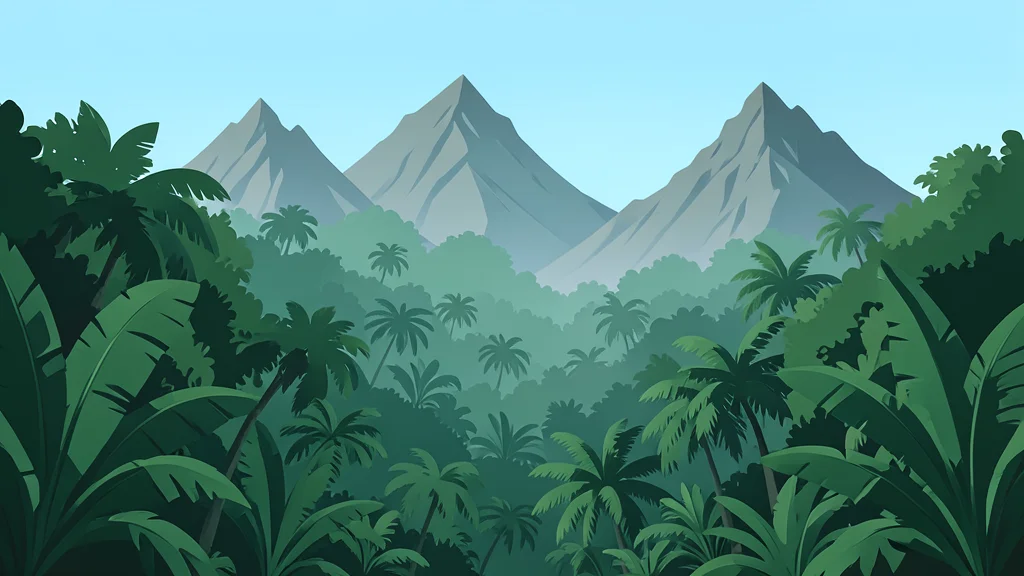A dense, misty tropical rainforest canopy with rugged mountain peaks in the background