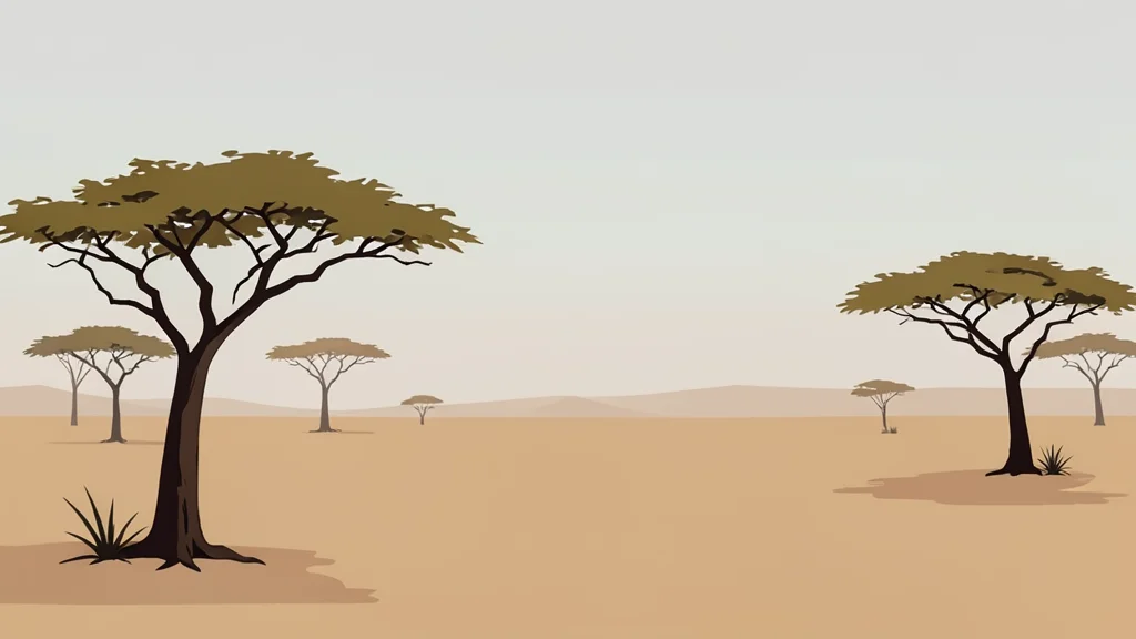 A dry, dusty landscape with scattered acacia trees and a distant horizon under a hazy sky