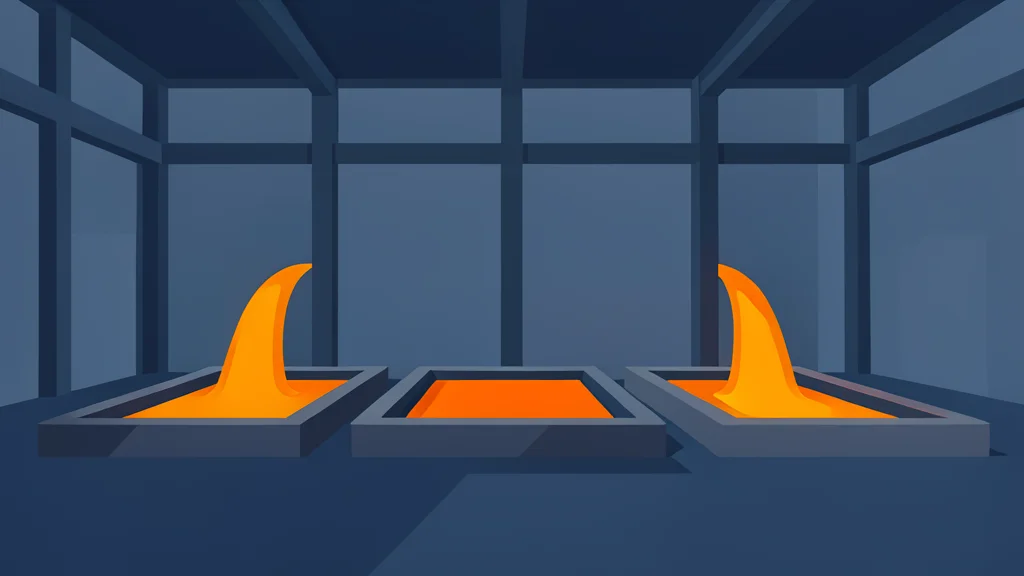 A large industrial steel mill with glowing orange molten metal flowing into molds