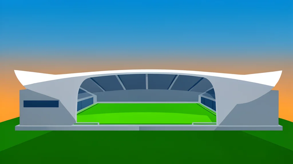 A large, modern stadium exterior with a distinctive roof structure and a green playing field visible through the open sides.