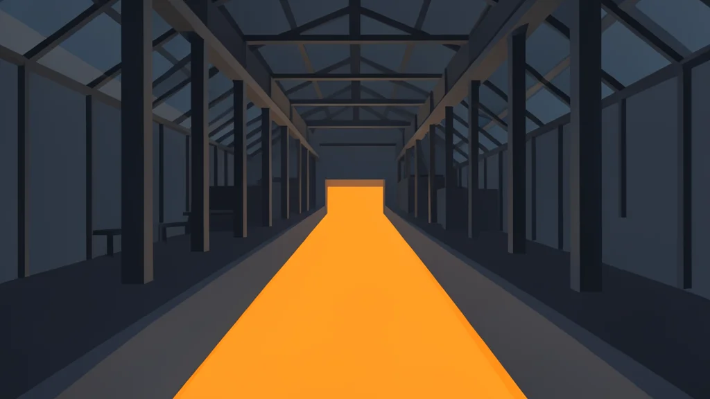 A large industrial steel mill with glowing molten metal flowing through a channel