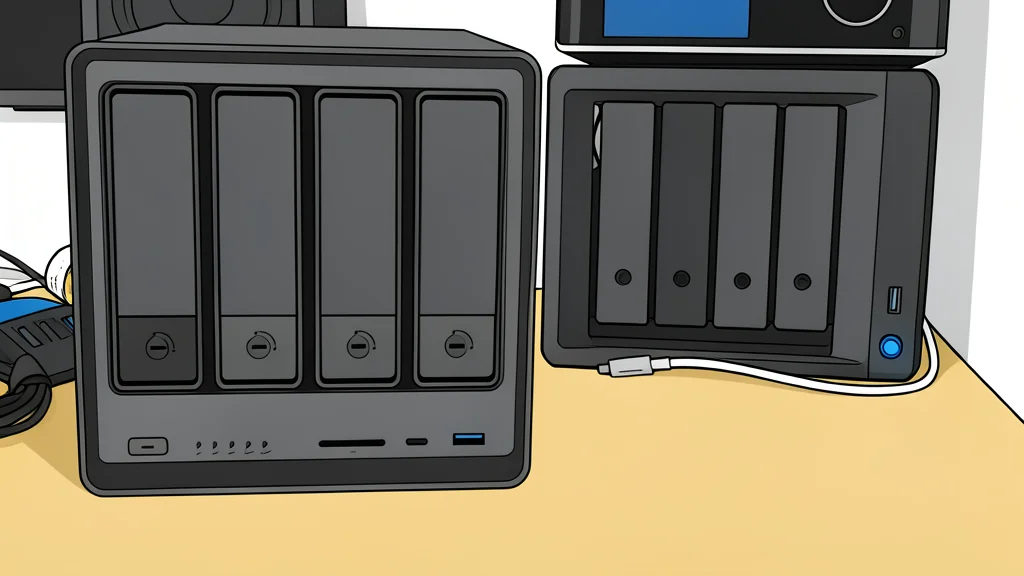 A compact black storage device with a glowing light sits on a wooden desk next to a bundle of ethernet cables.