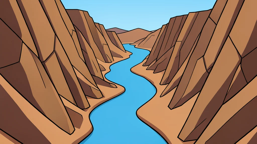 A narrow, winding waterway cutting through a rugged, arid landscape with steep rocky cliffs on either side