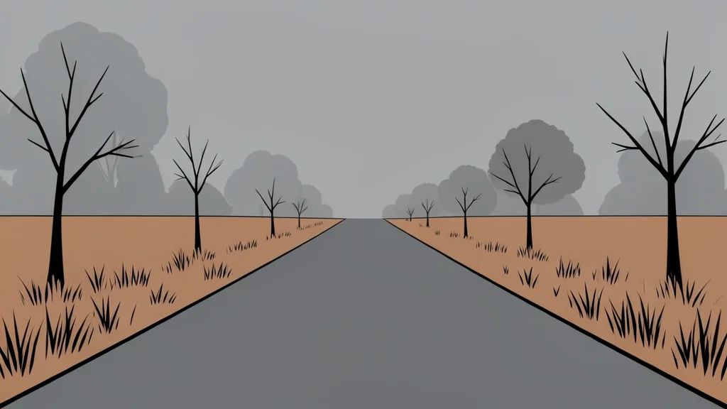 A quiet, empty stretch of rural road flanked by dry grass and sparse trees under a grey sky