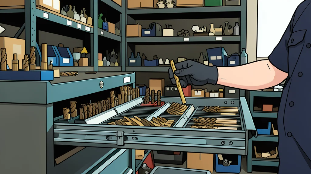 A vast warehouse aisle filled with metal shelving units holding industrial hardware and tools