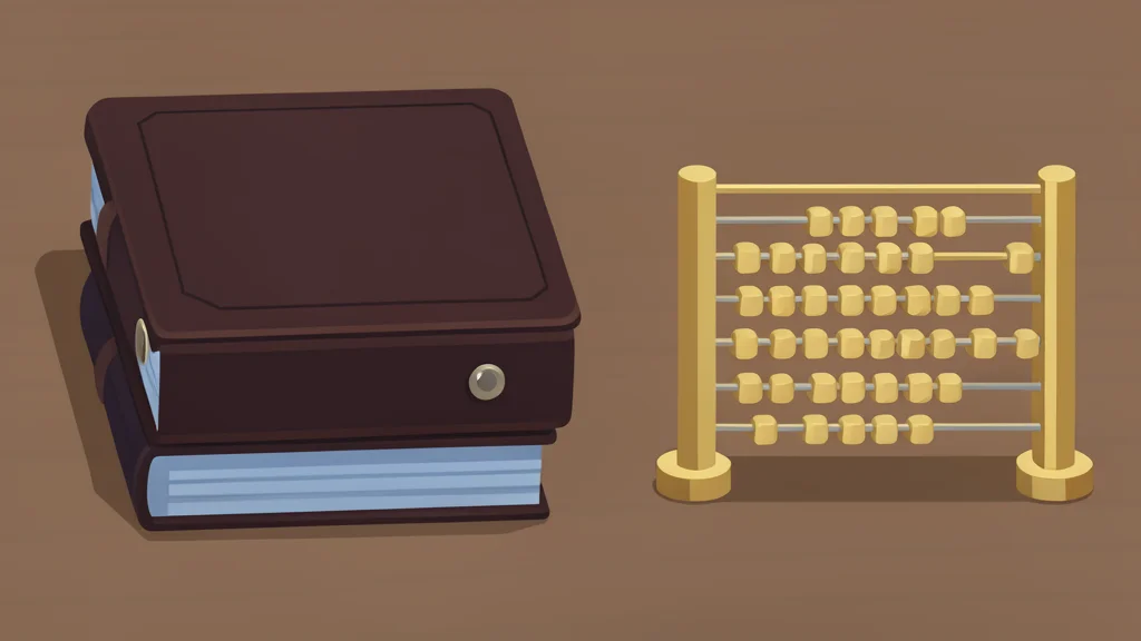 A stack of leather-bound ledgers and a brass abacus on a wooden desk