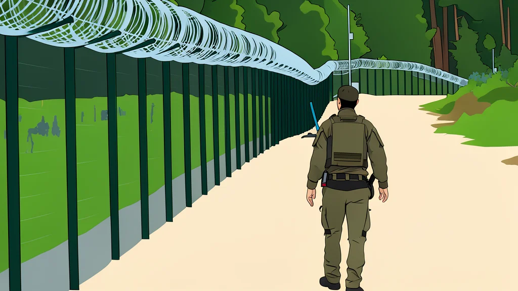 A fortified border fence with barbed wire and concrete obstacles stretching across a forested landscape