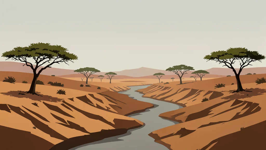 A rugged, arid landscape with dry riverbeds and sparse acacia trees under a hazy sky