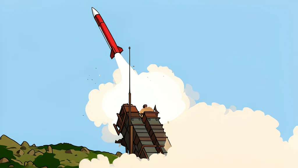 A sleek white missile resting on a launch rail in an open field