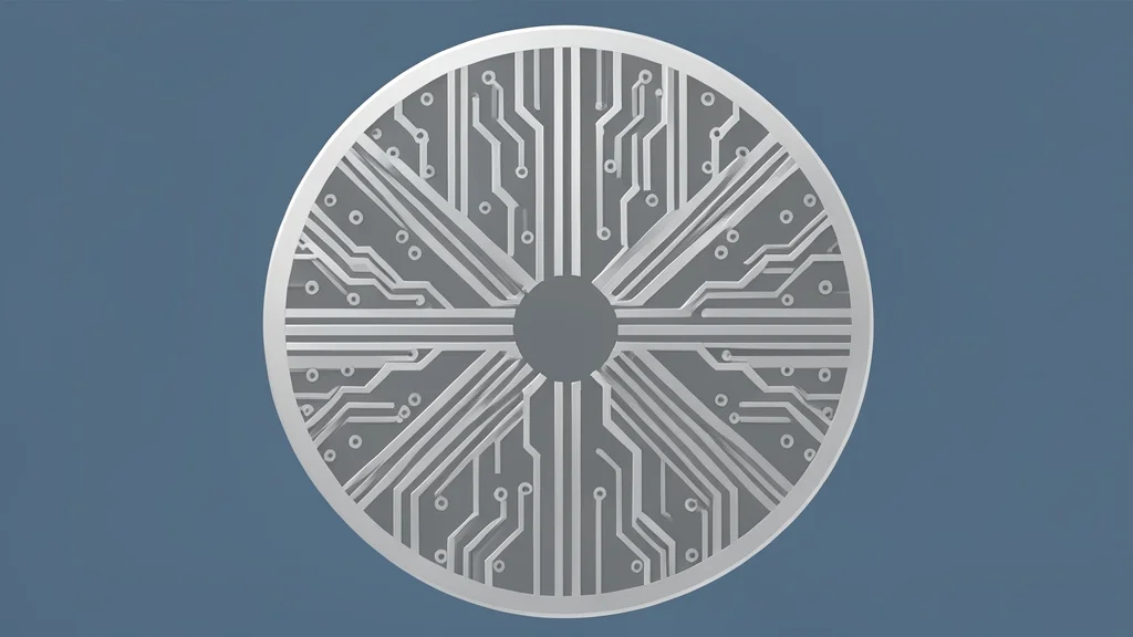 A detailed close-up of a silicon wafer featuring intricate, geometric circuit patterns etched into its surface.