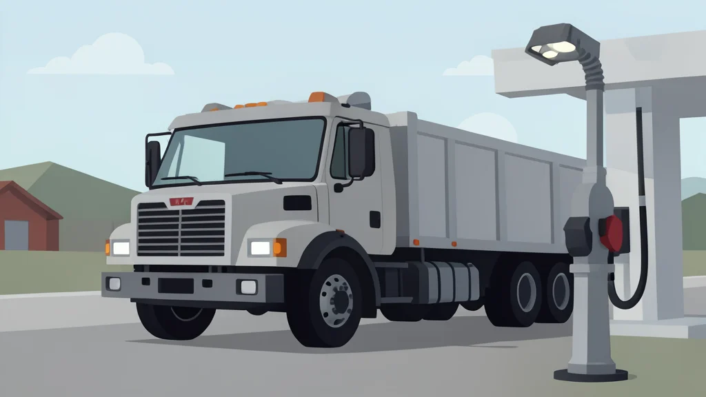 A heavy-duty diesel truck parked at a rural fueling station with a large metal pump nozzle in the foreground