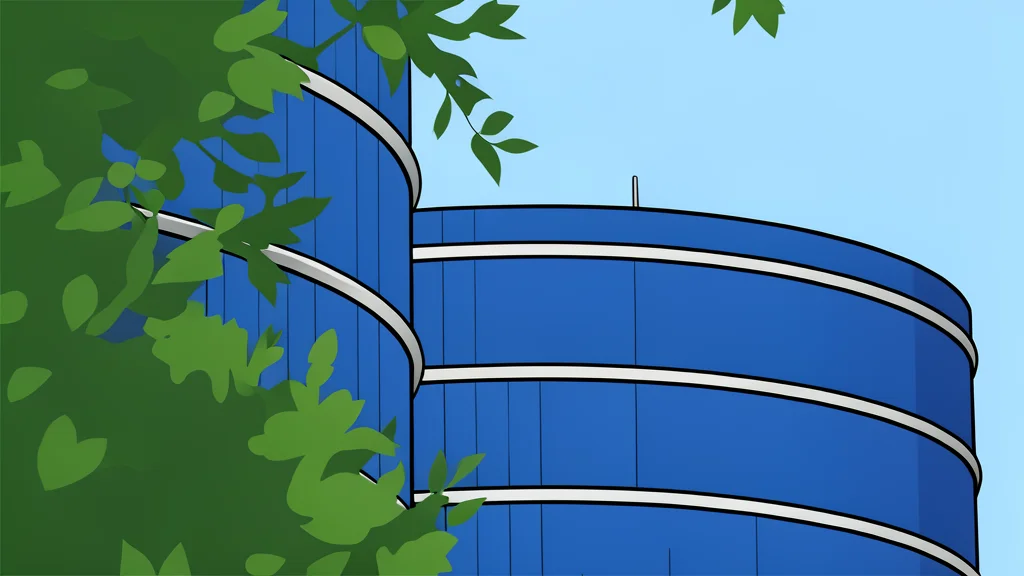 Flat vector illustration of a modern glass office building exterior with rows of server racks visible through the windows.