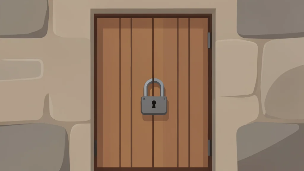 A heavy wooden door secured by an iron lock set within a rough stone wall.