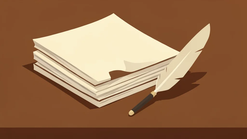A stack of old, worn paper ledgers and a quill pen resting on a wooden desk