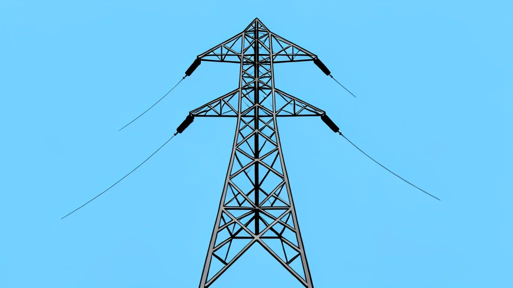 A high-voltage electricity transmission tower standing against a clear sky