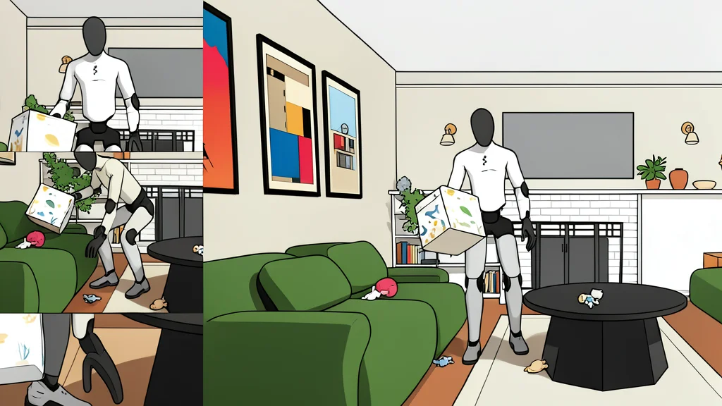 A humanoid robot standing in a living room with scattered toys and a basket