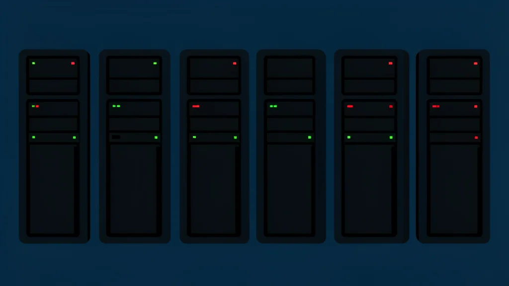 A stylized vector illustration of a server room with rows of black towers and blinking status lights.