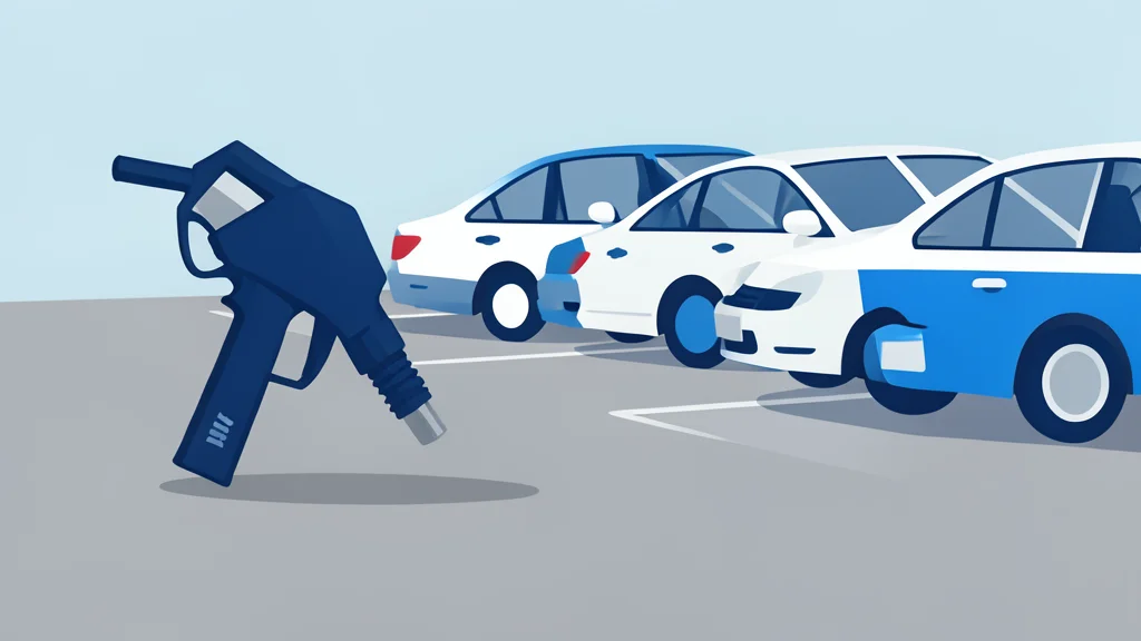 A fuel pump nozzle resting on a concrete surface next to a row of parked cars
