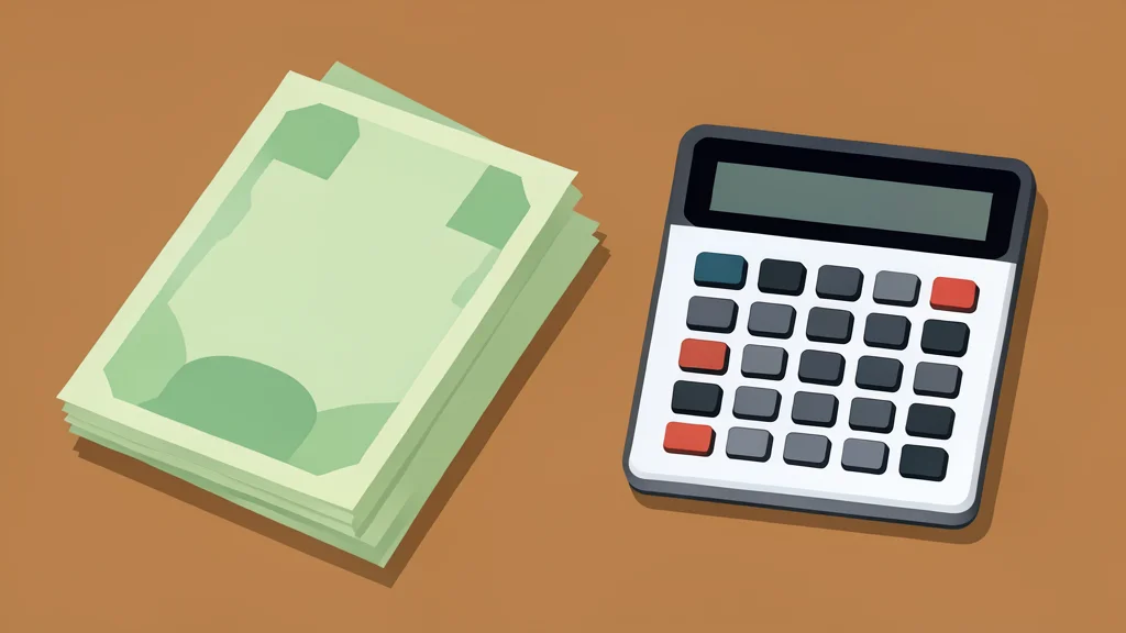 A stack of paper currency and a calculator on a wooden desk