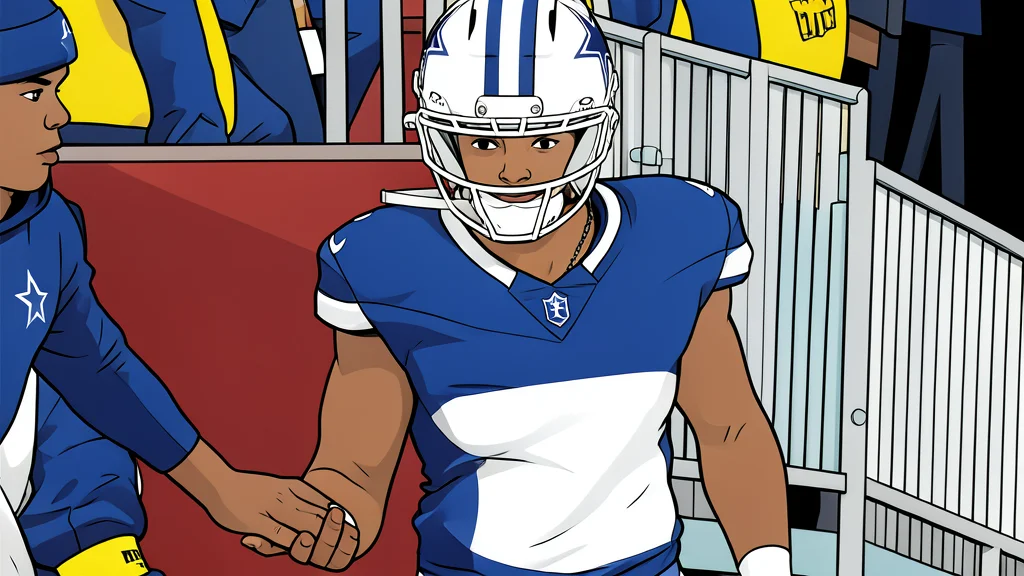 A flat-vector illustration of a green football field with white yard lines and a brown leather football resting on the grass.