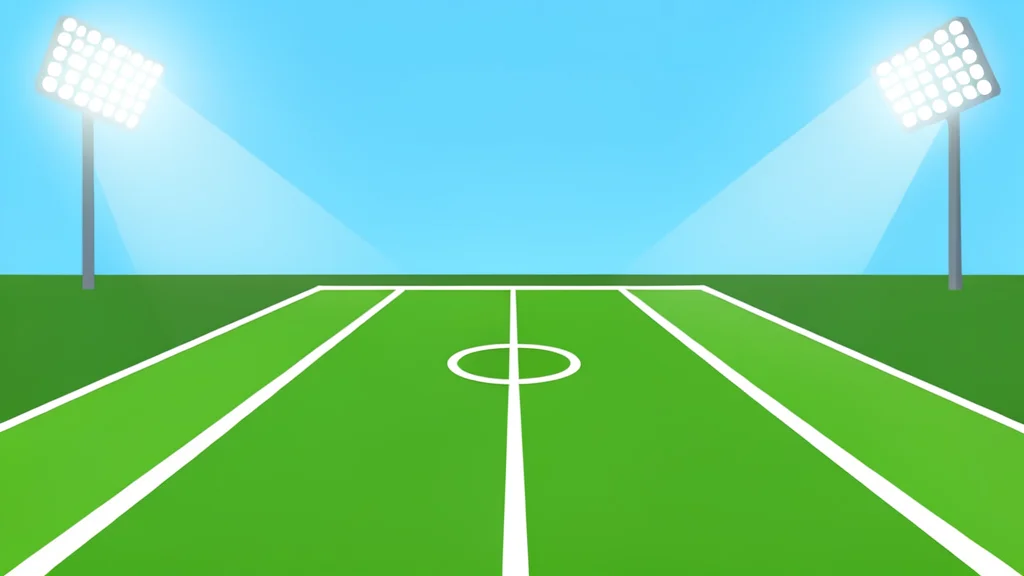 A vast green football field with white yard lines stretching into the distance under bright stadium lights.