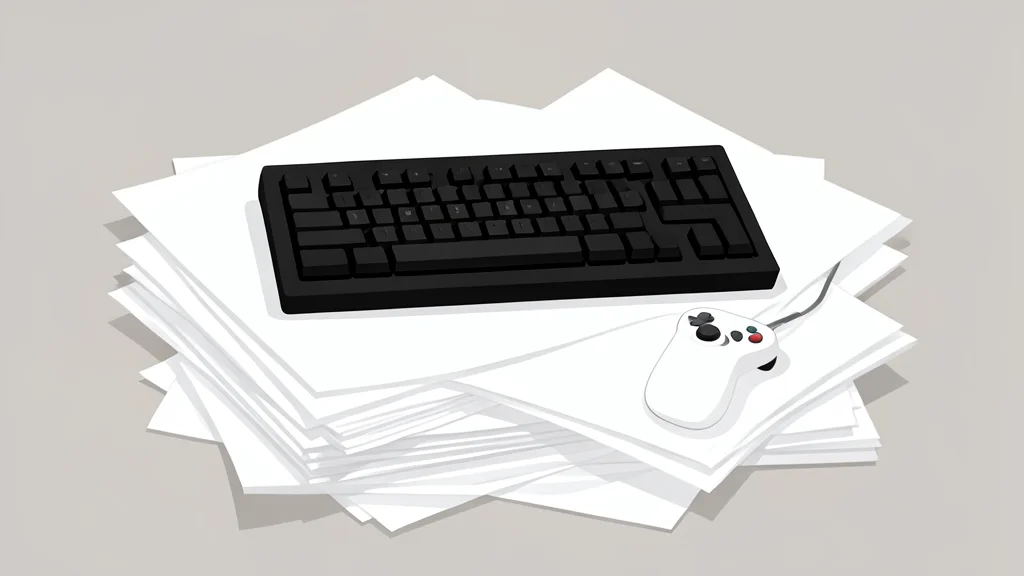 A flat vector illustration of a mechanical keyboard and a game controller resting on a neat stack of blank paper sheets.