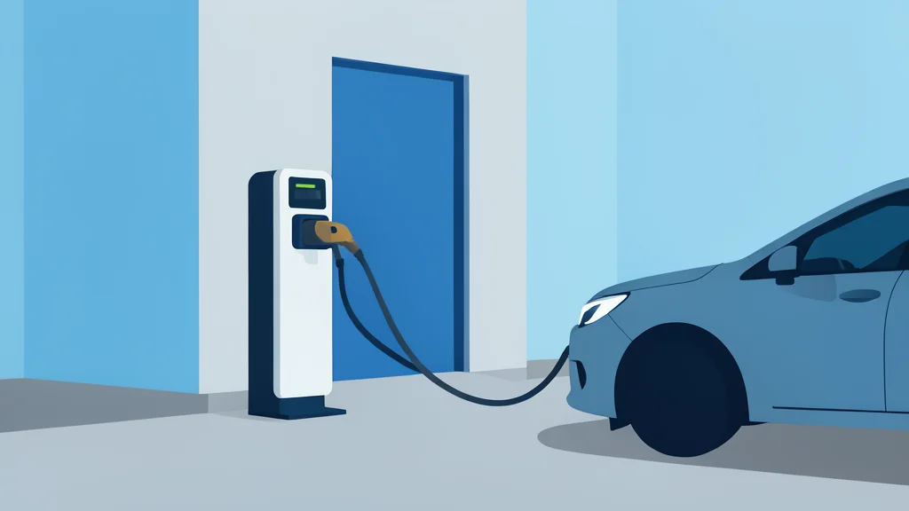 A sleek electric vehicle charging station with a cable plugged into a car port, situated on a paved surface near a building entrance.