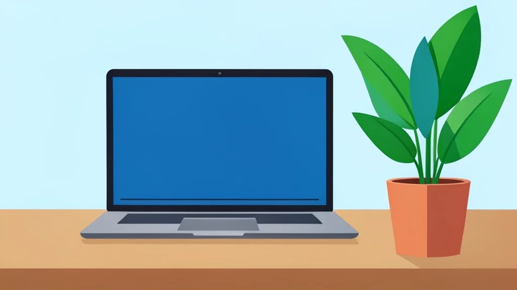 A modern office workspace featuring a sleek laptop and a green potted plant