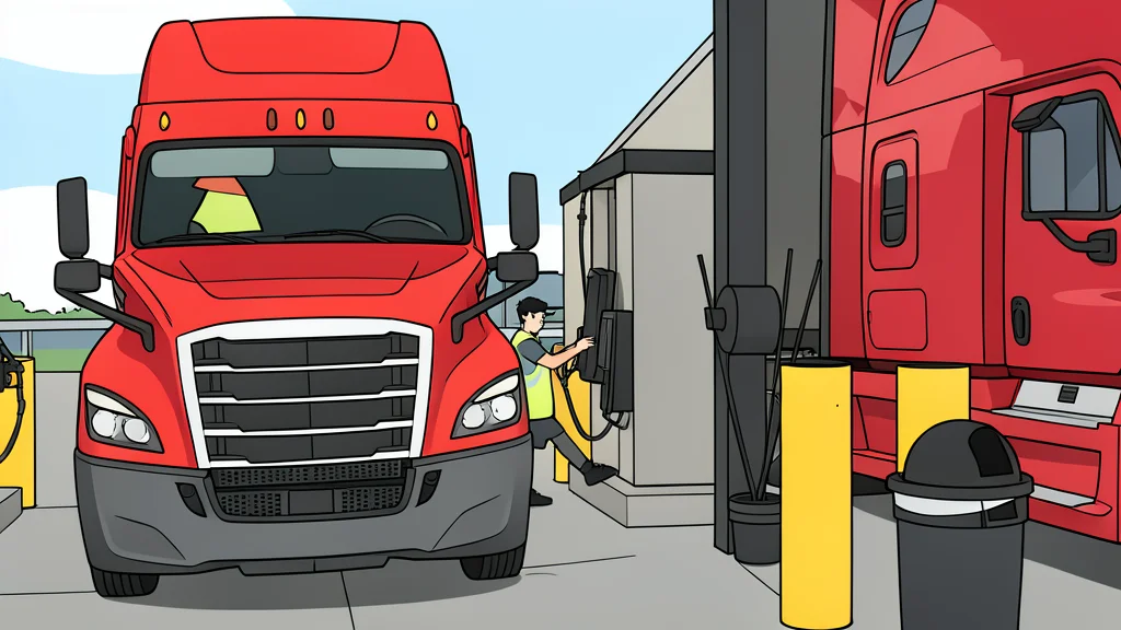 A semi-truck fueling nozzle inserted into the tank of a large commercial truck