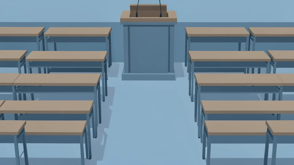 A legislative chamber with empty seats and a podium